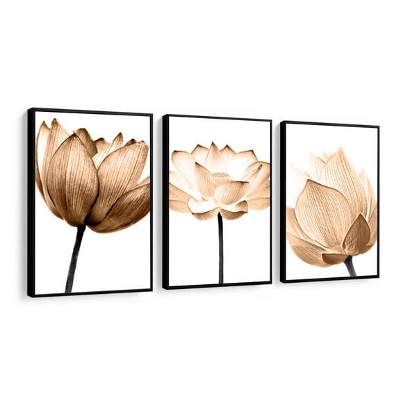 Kit 3 Quadros Flores Douradas Amarelas Decoração Com Moldura
