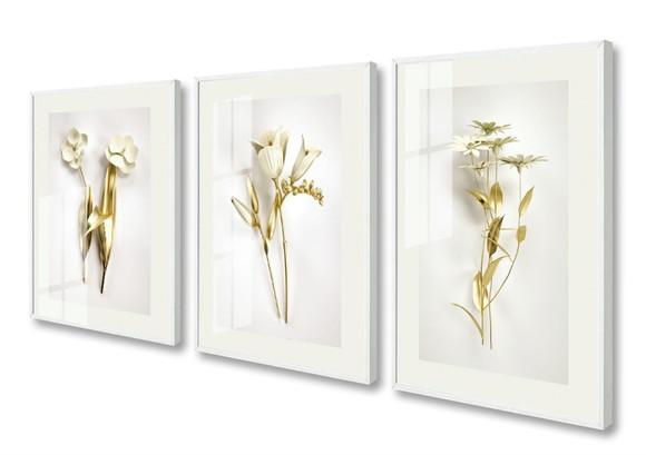 Kit 3 Quadros Flores Douradas Conjunto Com Moldura e Vidro