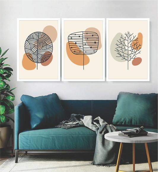 Kit 3 Quadros Flores Geométrico Desenho Decoração Molduras