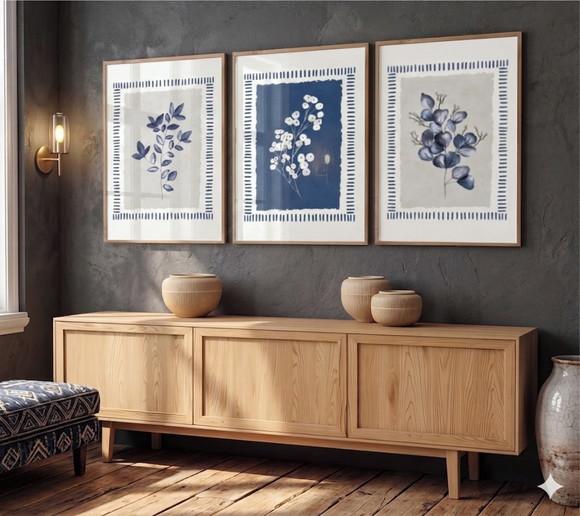 Kit 3 Quadros Flores Listras Decoração com Moldura Vidro