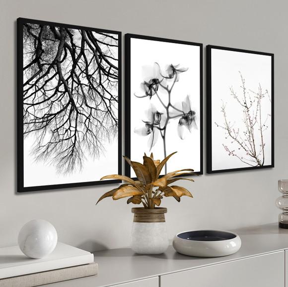Kit 3 Quadros Flores Preto e Branco Decoração Galhos Moldura