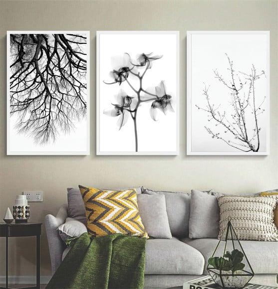 Kit 3 Quadros Flores Preto e Branco Decoração Galhos Moldura