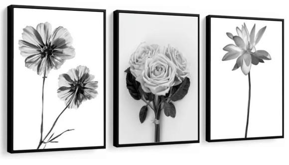 Kit 3 Quadros Flores Preto e Branco Rosas Decoração Molduras