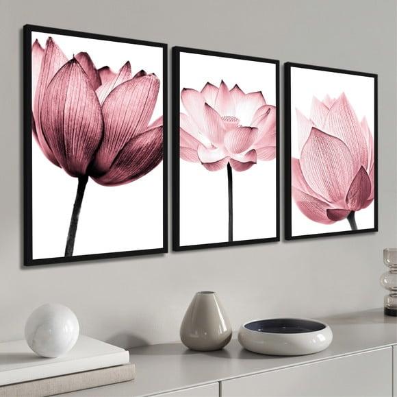 Kit 3 Quadros Flores Rosa Decoração Botânico com Moldura