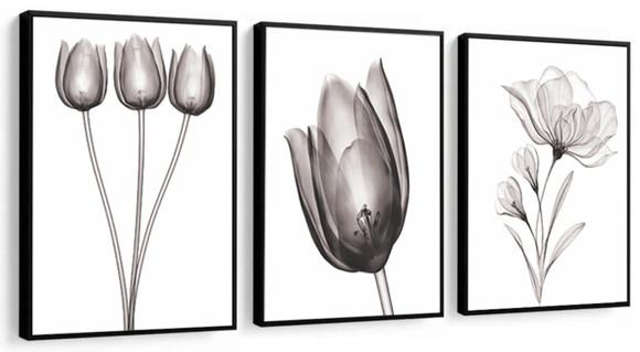 Kit 3 Quadros Flores Preto e Branco Tulipa Decoração Moldura
