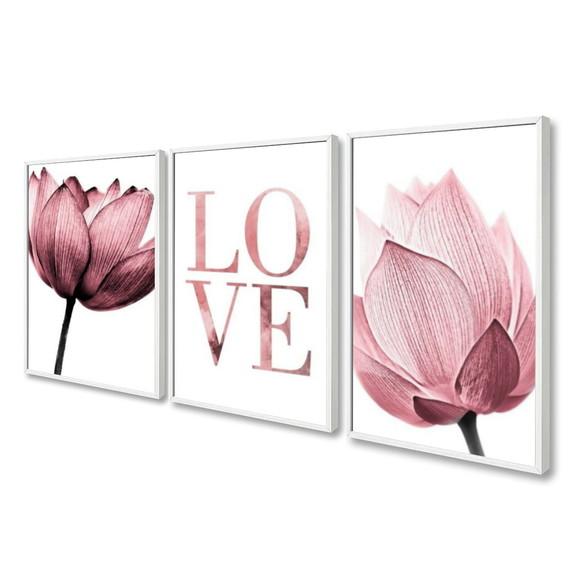 Kit 3 Quadros Flores Rosa Decoração Love Casal Amor Moldura