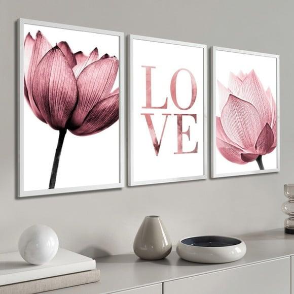 Kit 3 Quadros Flores Rosa Decoração Love Casal Amor Moldura
