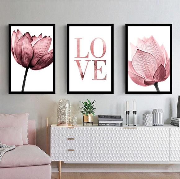 Kit 3 Quadros Flores Rosa Decoração Love Casal Amor Molduras