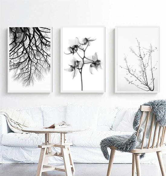 Kit 3 Quadros Flores Preto e Branco Decoração Galhos Moldura