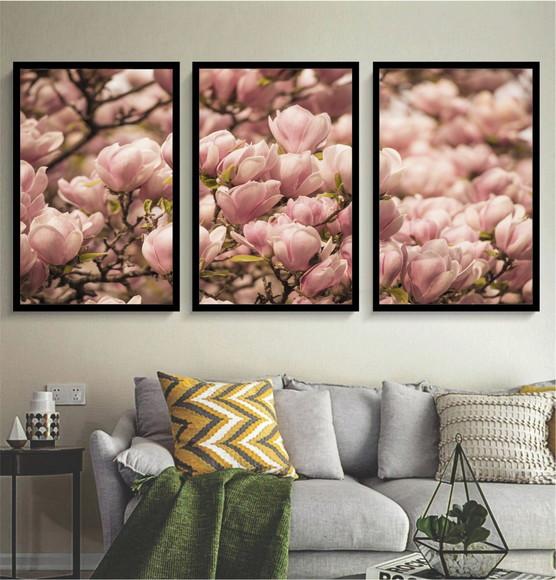 Kit 3 Quadros Flores Rosa Lilás Decoração Folhagem Moldura