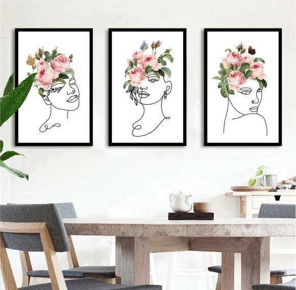 Kit 3 Quadros Flores Rosa Rosto Mulheres Decoração Molduras