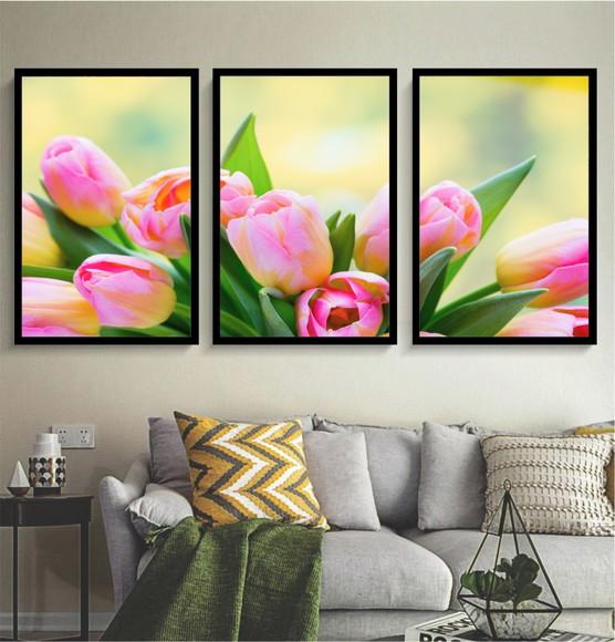 Kit 3 Quadros Flores Rosa Sépia Folhagem Decoração Moldura
