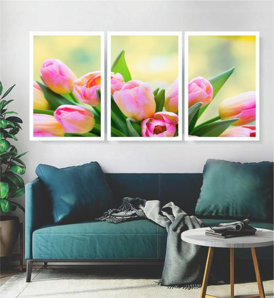 Kit 3 Quadros Flores Rosas Sépia Folhagem Decoração Moldura