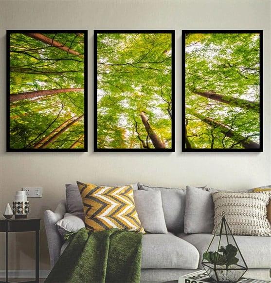 Kit 3 Quadros Floresta Verde Decoração Conjunto Com Molduras