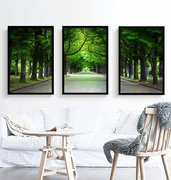 Kit 3 Quadros Floresta Verde Decoração com Moldura e Vidro