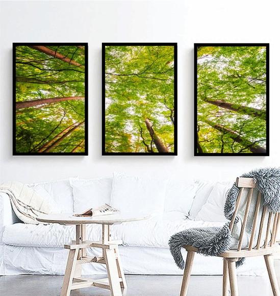Kit 3 Quadros Floresta Verde Decoração Conjunto Com Molduras