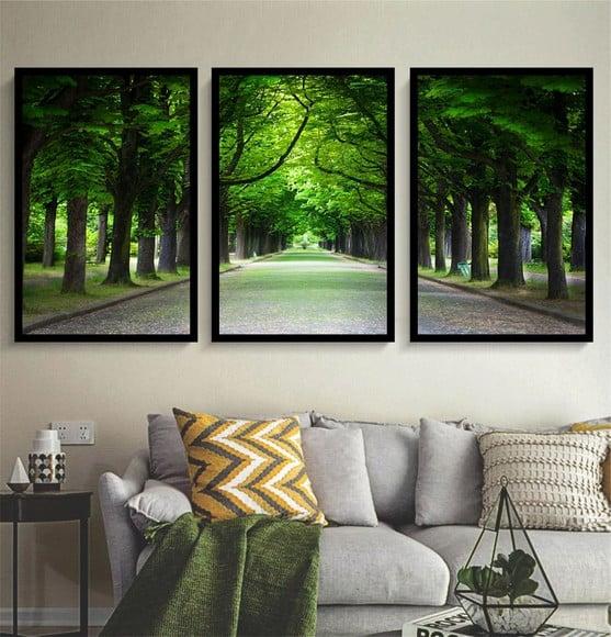 Kit 3 Quadros Floresta Verde Decoração com Moldura e Vidro