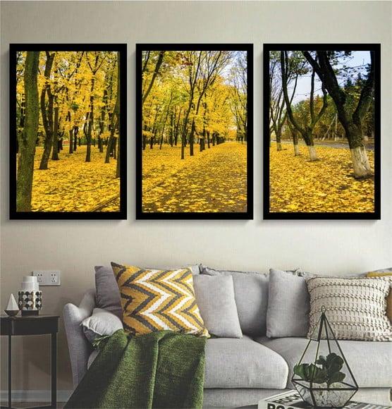 Kit 3 Quadros Florestas Amarela Decoração Paisagem Moldura