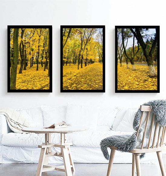 Kit 3 Quadros Florestas Amarela Decoração Paisagem Moldura