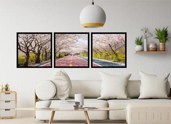 Kit 3 Quadros Florestas Estrada Decoração Paisagem Molduras