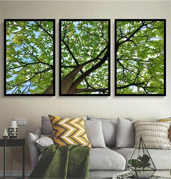 Kit 3 Quadros Florestas Verde Decoração Folhagem Com Moldura