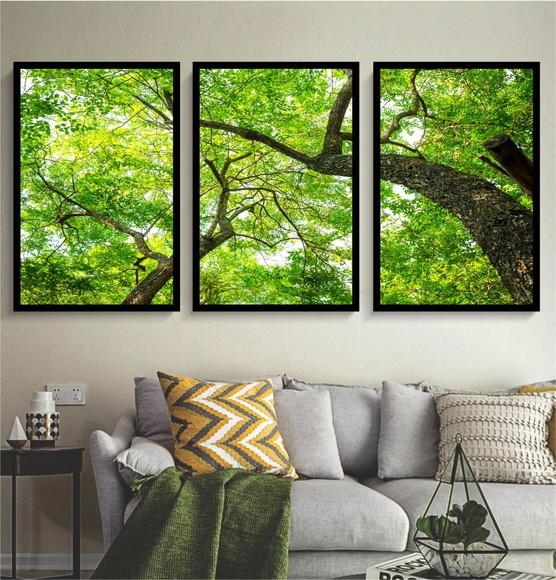 Kit 3 Quadros Florestas Verde Decoração Conjunto Com Moldura