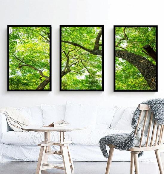 Kit 3 Quadros Florestas Verde Decoração Conjunto Com Moldura