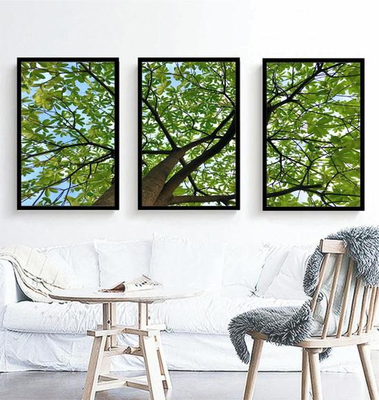 Kit 3 Quadros Florestas Verde Decoração Folhagem Com Moldura