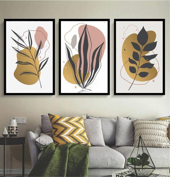 Kit 3 Quadros Folhagem Abstrato Decoração Conjunto Molduras