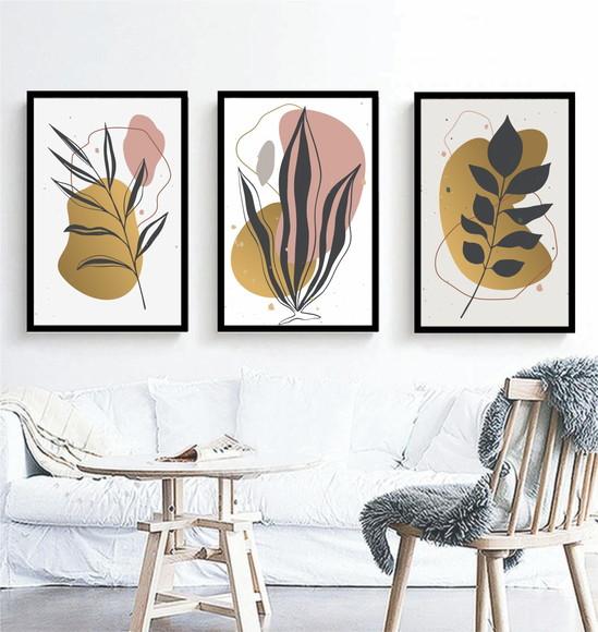 Kit 3 Quadros Folhagem Abstrato Decoração Conjunto Molduras