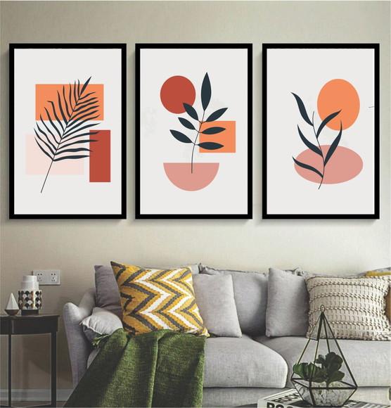 Kit 3 Quadros Folhagem Abstrato Moderno Decoração Moldura