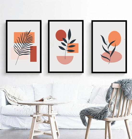 Kit 3 Quadros Folhagem Abstrato Moderno Decoração Moldura