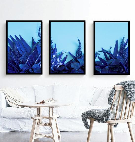 Kit 3 Quadros Folhagem Azul Botânico Decoração Com Moldura