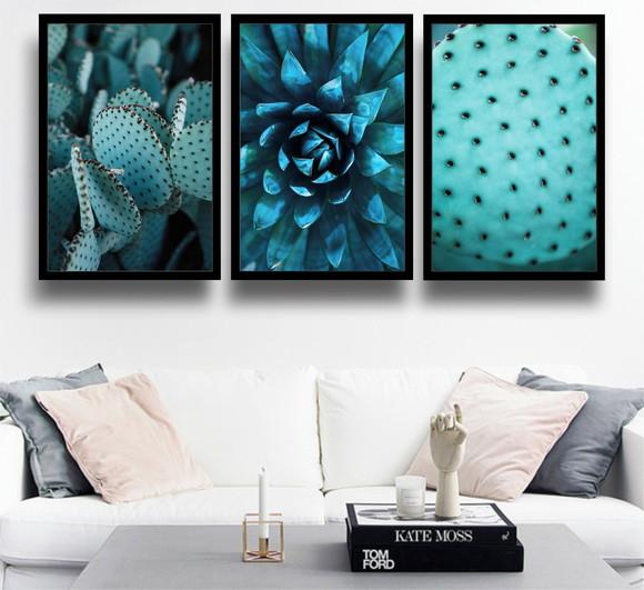 Kit 3 Quadros Folhagem Azul Cactus Decoração Com Molduras