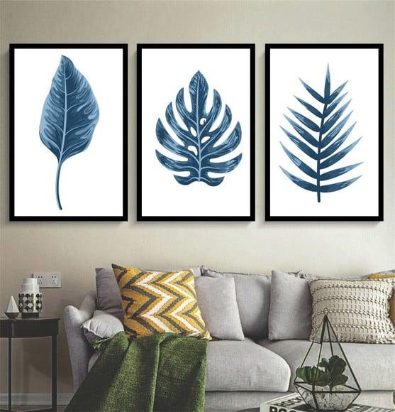 Kit 3 Quadros Folhagem Azul Decoração Botânico Com Molduras