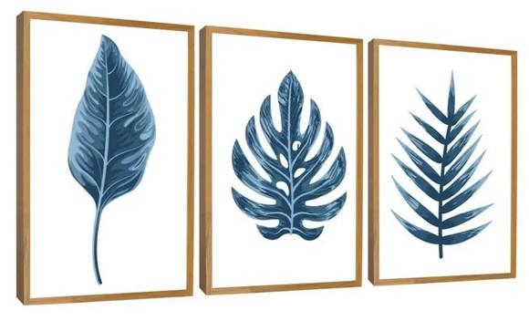 Kit 3 Quadros Folhagem Azul Costela Adão Decoração Molduras