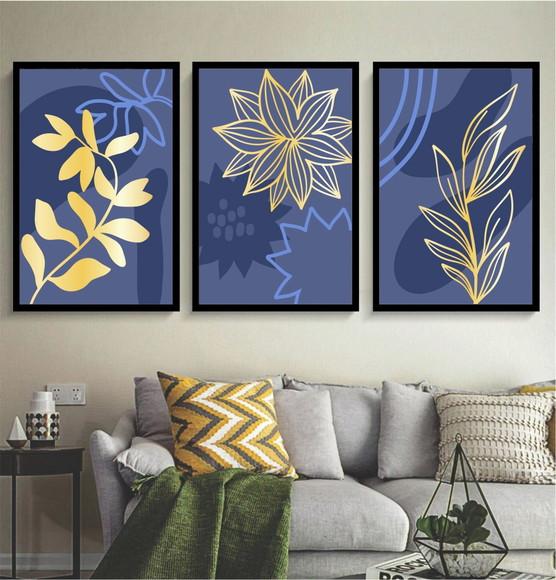 Kit 3 Quadros Folhagem Azul Dourada Decoração Com Moldura