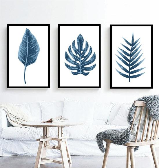 Kit 3 Quadros Folhagem Azul Decoração Botânico Com Molduras