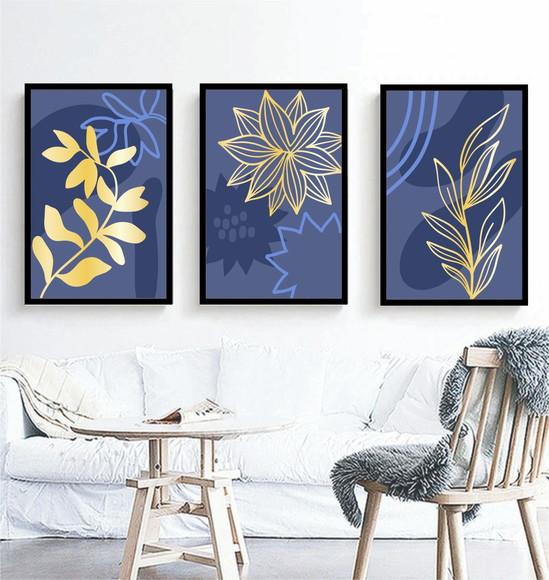 Kit 3 Quadros Folhagem Azul Dourada Decoração Com Moldura