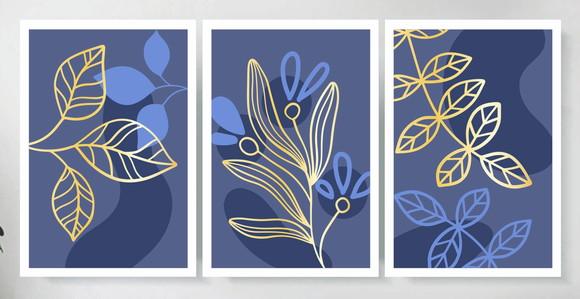 Kit 3 Quadros Folhagem Azul E Dourada Decoração Com Moldura