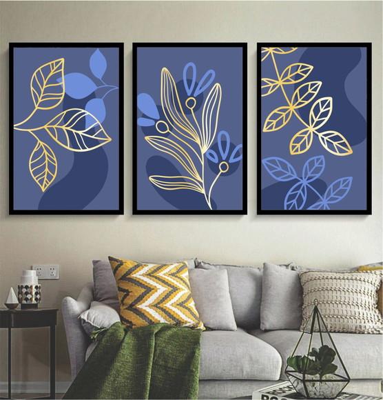 Kit 3 Quadros Folhagem Azul E Dourada Decoração Com Moldura