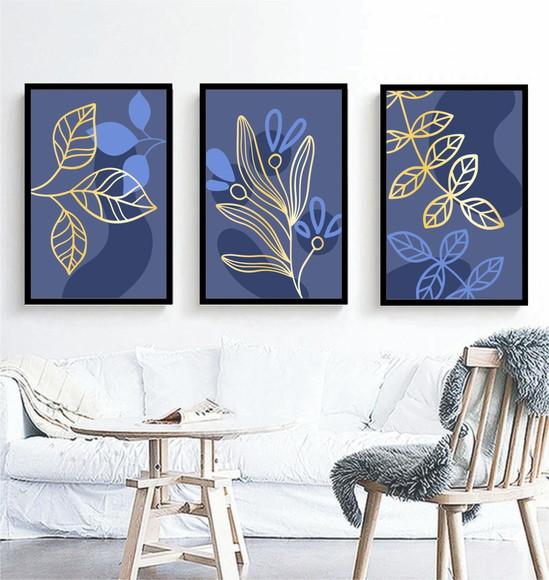 Kit 3 Quadros Folhagem Azul E Dourada Decoração Com Moldura