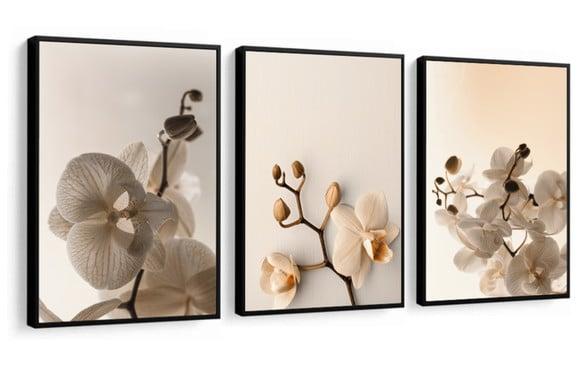 Kit 3 Quadros Folhagem Branca Botânico Decoração Com Moldura