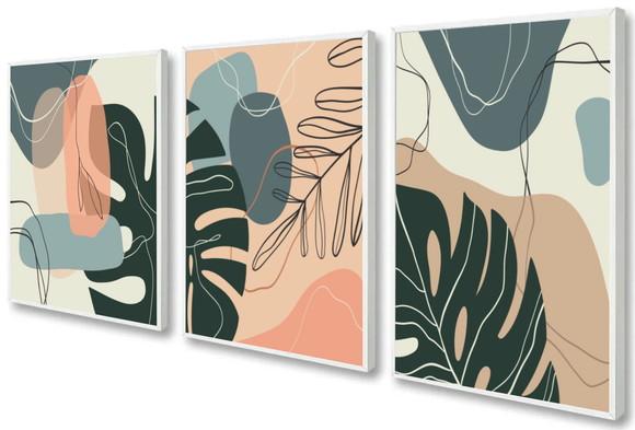 Kit 3 Quadros Folhagem Costela De Adão Decoração Com Moldura