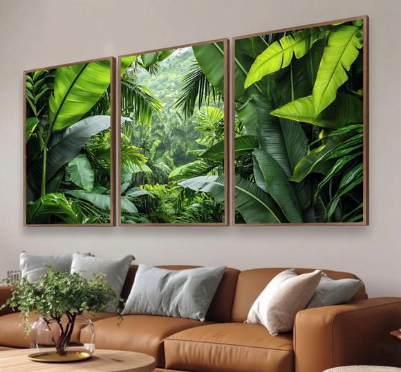Kit 3 Quadros Folhagem Costela de Adão Moderno Moldura Vidro