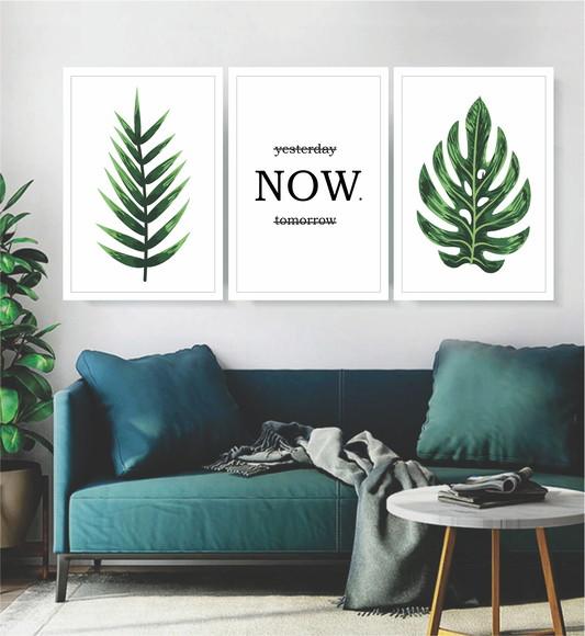 Kit 3 Quadros Folhagem Costela Verde Decoração Frase Moldura