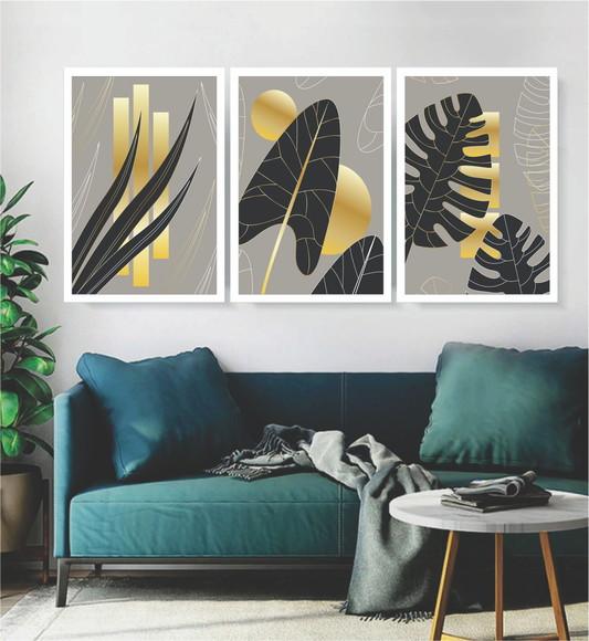 Kit 3 Quadros Folhagem Costela Dourada Decoração Com Moldura