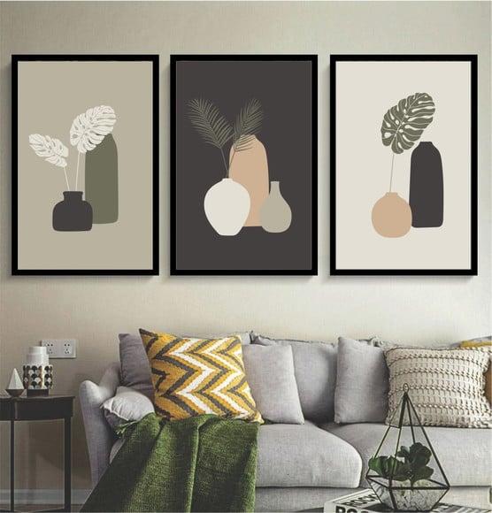Kit 3 Quadros Folhagem Decoração Costela Conjunto Moldura
