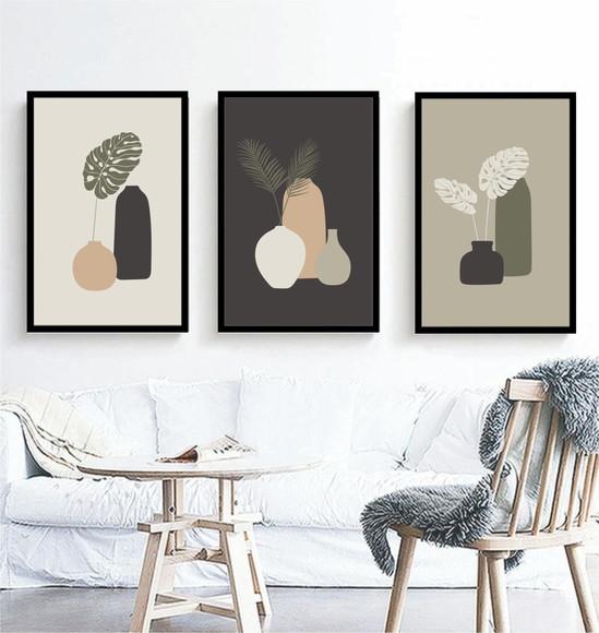 Kit 3 Quadros Folhagem Decoração Costela Conjunto Moldura