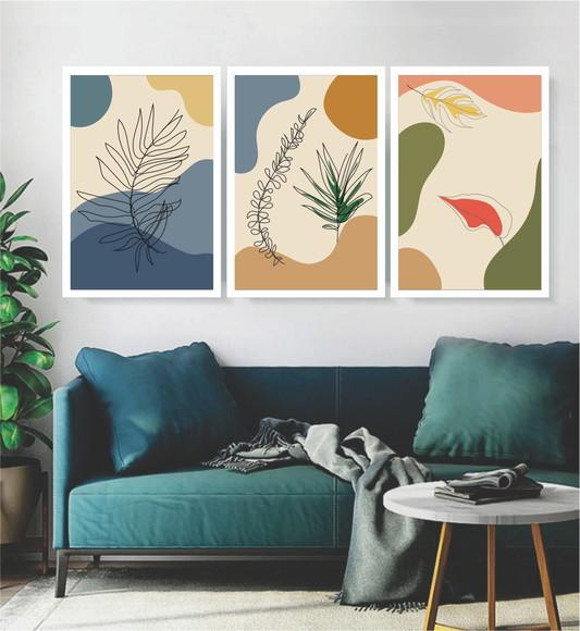 Kit 3 Quadros Folhagem Desenho Decoração Conjunto Moldura